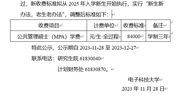 电子科技大学MPA新收费标准