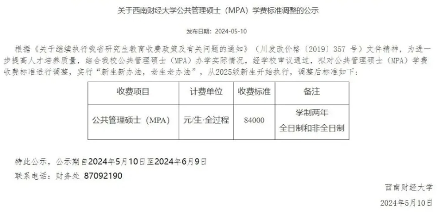西安财经大学MPA新收费标准
